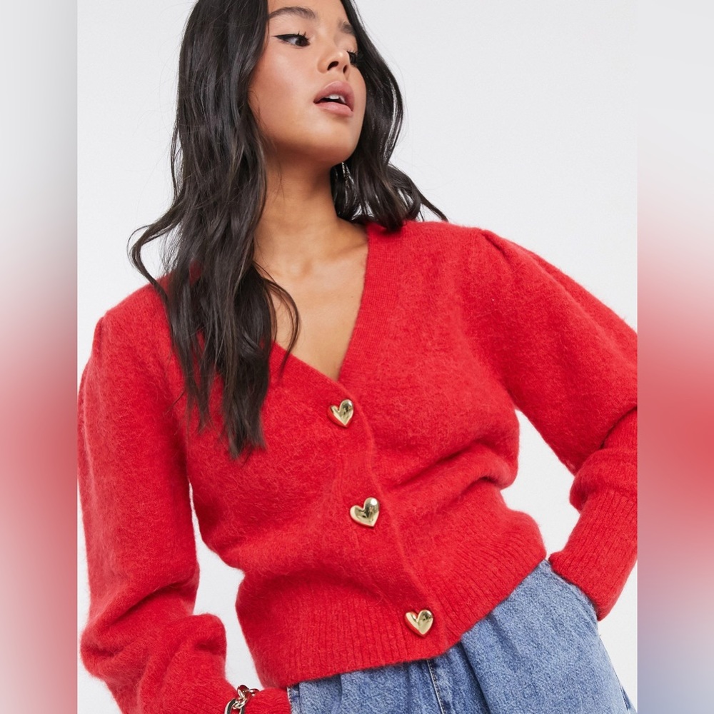 & Other Stories Red Heart Button Cardigan M